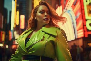 Plus size modern woman rocking modern against the vibrant neon streets AI Generative photo