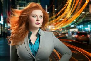 Plus size modern woman rocking modern against the vibrant neon streets AI Generative photo