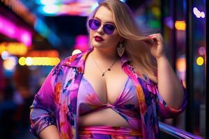 Plus size modern woman rocking modern against the vibrant neon streets AI Generative photo