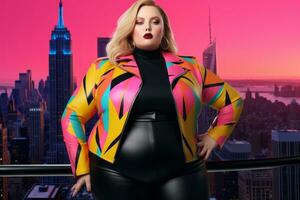 Plus size modern woman rocking modern against the vibrant neon streets AI Generative photo