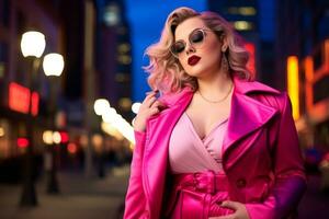 Plus size modern woman rocking modern against the vibrant neon streets AI Generative photo