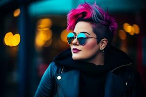 Plus size modern woman rocking modern against the vibrant neon streets AI Generative photo