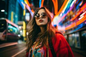 Plus size modern woman rocking modern against the vibrant neon streets AI Generative photo