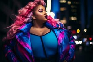 Plus size modern woman rocking modern against the vibrant neon streets AI Generative photo