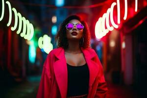 Plus size modern woman rocking modern against the vibrant neon streets AI Generative photo