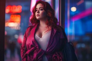 Plus size modern woman rocking modern against the vibrant neon streets AI Generative photo