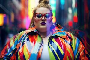 Plus size modern woman rocking modern against the vibrant neon streets AI Generative photo