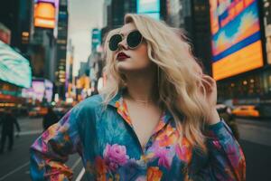 Plus size modern woman rocking modern against the vibrant neon streets AI Generative photo