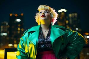 Plus size modern woman rocking modern against the vibrant neon streets AI Generative photo