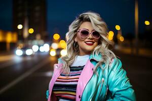 Plus size modern woman rocking modern against the vibrant neon streets AI Generative photo