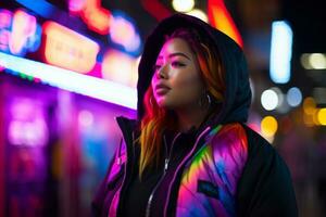 Plus size modern woman rocking modern against the vibrant neon streets AI Generative photo