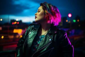 Plus size modern woman rocking modern against the vibrant neon streets AI Generative photo