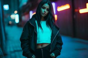 Plus size modern woman rocking modern against the vibrant neon streets AI Generative photo