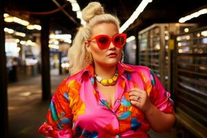 Plus size modern woman rocking modern against the vibrant neon streets AI Generative photo