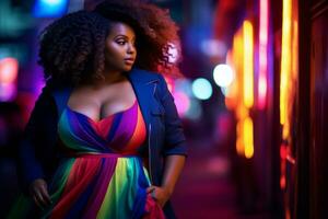 Plus size modern woman rocking modern against the vibrant neon streets AI Generative photo