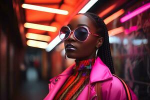 Plus size modern woman rocking modern against the vibrant neon streets AI Generative photo