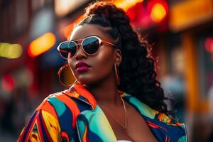 Plus size modern woman rocking modern against the vibrant neon streets AI Generative photo