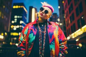 Plus size modern woman rocking modern against the vibrant neon streets AI Generative photo