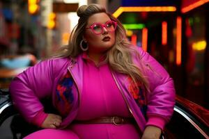 Plus size modern woman rocking modern against the vibrant neon streets AI Generative photo