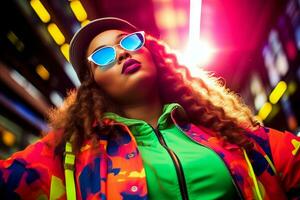 Plus size modern woman rocking modern against the vibrant neon streets AI Generative photo