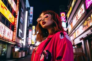 Plus size modern woman rocking modern against the vibrant neon streets AI Generative photo