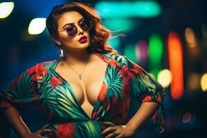 Plus size modern woman rocking modern against the vibrant neon streets AI Generative photo