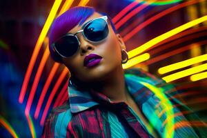 Plus size modern woman rocking modern against the vibrant neon streets AI Generative photo