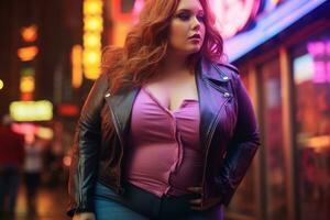 Plus size modern woman rocking modern against the vibrant neon streets AI Generative photo