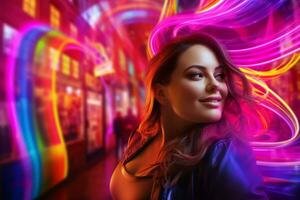 Plus size modern woman rocking modern against the vibrant neon streets AI Generative photo