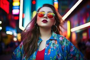 Plus size modern woman rocking modern against the vibrant neon streets AI Generative photo