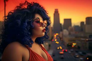 Plus size modern woman rocking modern against the vibrant neon streets AI Generative photo