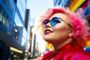 Plus size modern woman rocking modern against the vibrant neon streets AI Generative photo