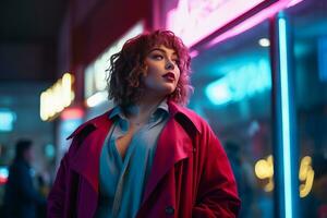 Plus size modern woman rocking modern against the vibrant neon streets AI Generative photo