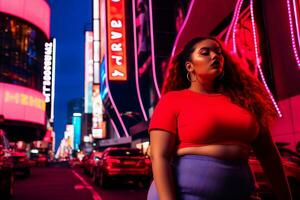 Plus size modern woman rocking modern against the vibrant neon streets AI Generative photo