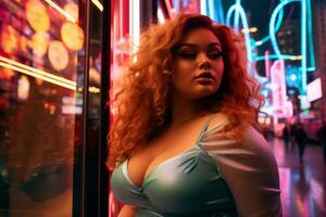 Plus size modern woman rocking modern against the vibrant neon streets AI Generative photo