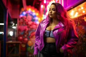 Plus size modern woman rocking modern against the vibrant neon streets AI Generative photo