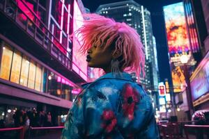 Plus size modern woman rocking modern against the vibrant neon streets AI Generative photo