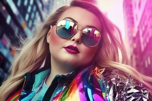 Plus size modern woman rocking modern against the vibrant neon streets AI Generative photo