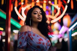 Plus size modern woman rocking modern against the vibrant neon streets AI Generative photo