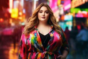 Plus size modern woman rocking modern against the vibrant neon streets AI Generative photo