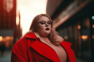 Plus size modern woman rocking modern against the vibrant neon streets AI Generative photo