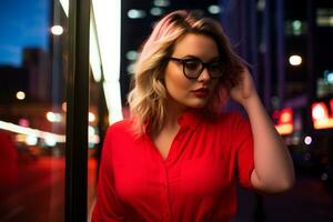 Plus size modern woman rocking modern against the vibrant neon streets AI Generative photo
