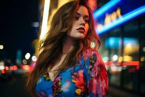 Plus size modern woman rocking modern against the vibrant neon streets AI Generative photo