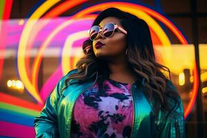 Plus size modern woman rocking modern against the vibrant neon streets AI Generative photo