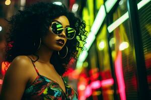 Plus size modern woman rocking modern against the vibrant neon streets AI Generative photo