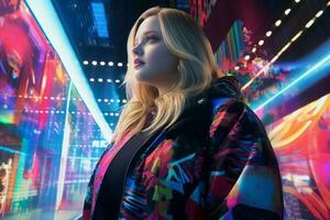 Plus size modern woman rocking modern against the vibrant neon streets AI Generative photo