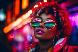 Plus size modern woman rocking modern against the vibrant neon streets AI Generative photo