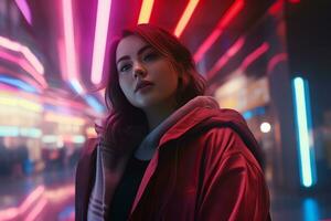 Plus size modern woman rocking modern against the vibrant neon streets AI Generative photo