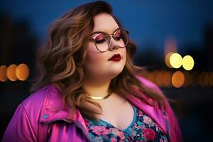 Plus size modern woman rocking modern against the vibrant neon streets AI Generative photo