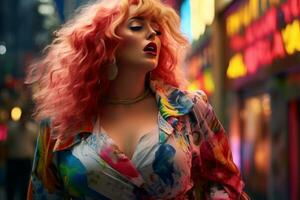 Plus size modern woman rocking modern against the vibrant neon streets AI Generative photo